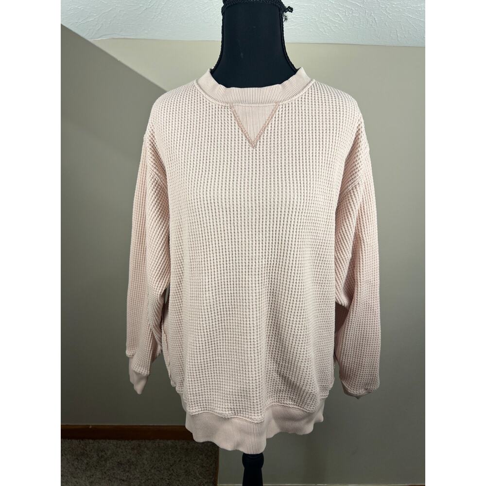 Aerie Waffle Knit Sweater Crewneck Pullover Light Pink Oversized Women's Small